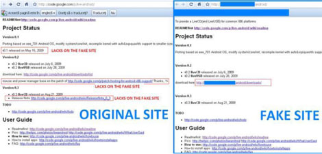 Figure 3. Original Live Android site vs. Fake Live Android site